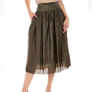 J.McLaughlin Midi Skirt Theda Bronze Metallic Contrast Waist Band Pockets Sz S